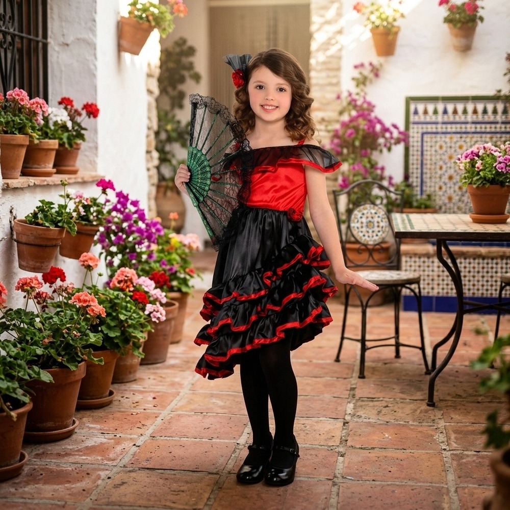 Spanish Dancer Flamenco Costume Kids Small Red Black Ruffle Dress Hair Clip 433